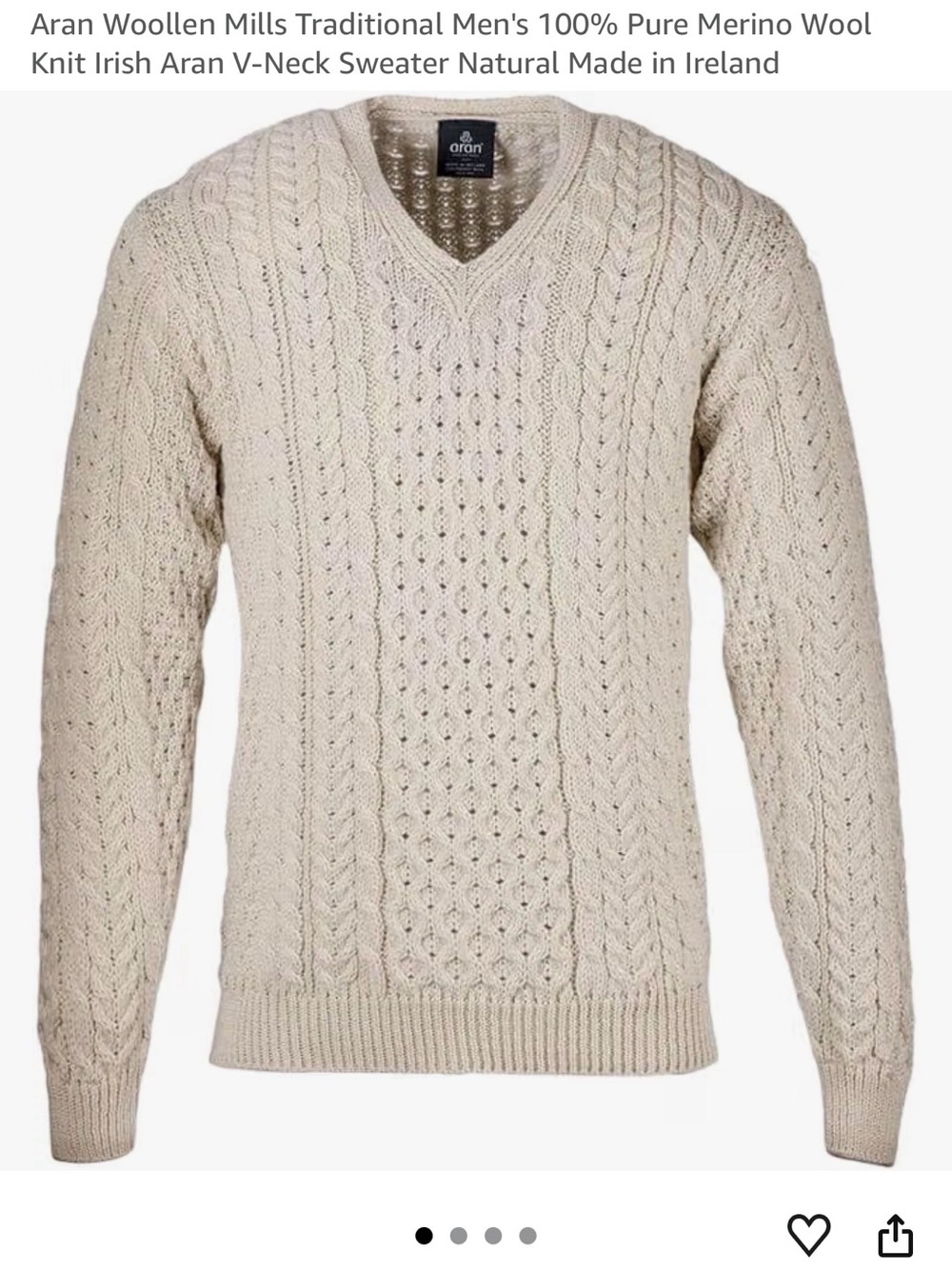 Aran Woollen Mills Men's V-Neck Cable Knit Sweater - Natural
